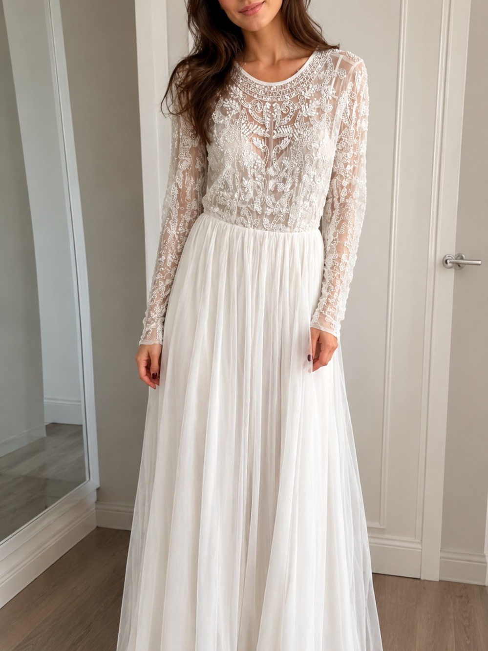 ASOS White Lace Long-Sleeve Tulle Maxi Wedding Dress